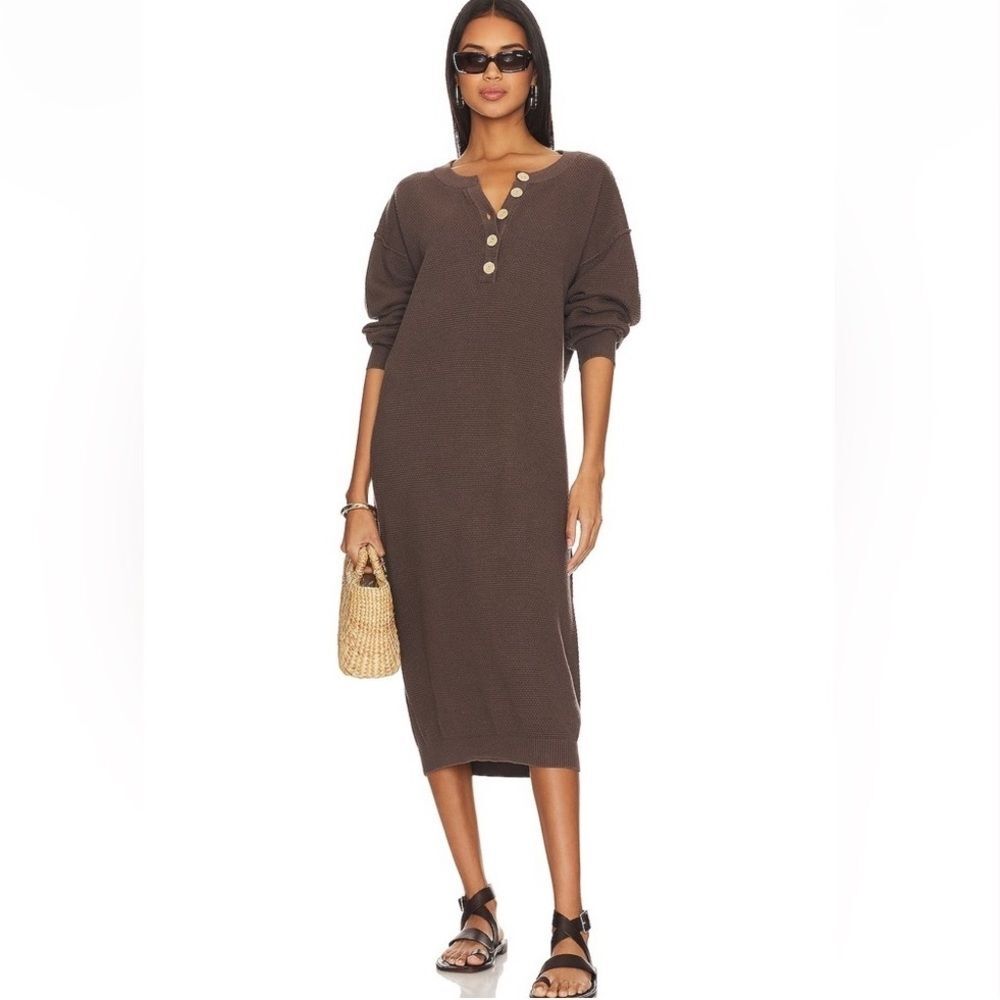 FREE PEOPLE Beach Hailee Sweater Waffle Knit Midi Dress brown 100% Cotton L